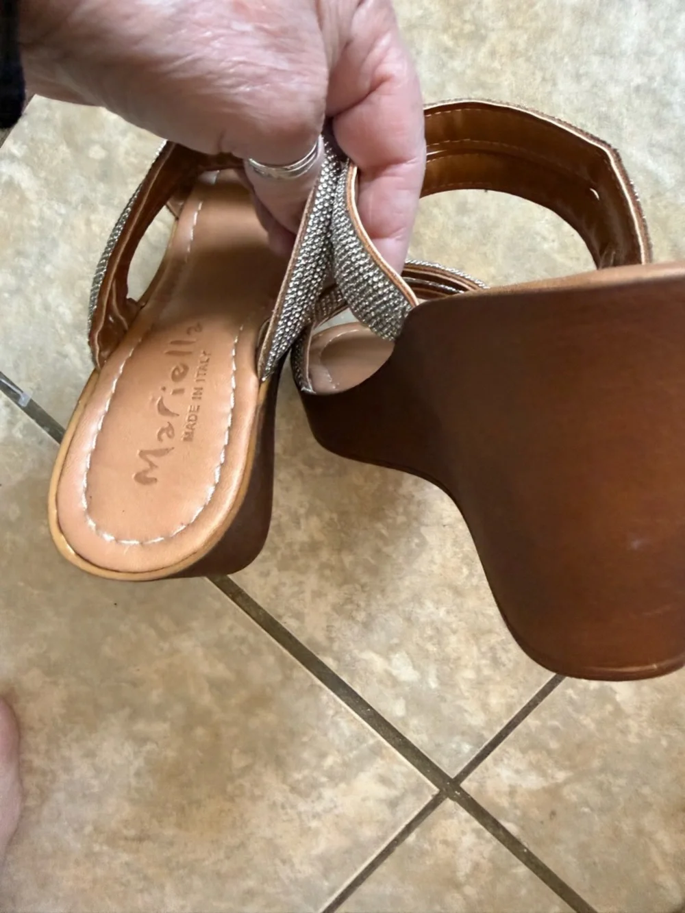 Marille. Silver Crystal Strappy Brown Wood Wedge Sandals soft rubber - Picture 4 of 7